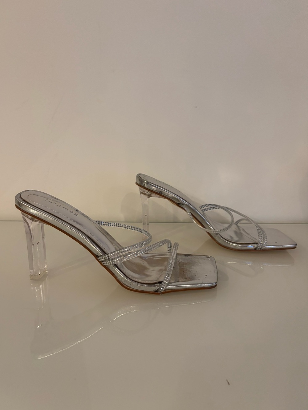 Lulamax Silver Rhinestone Clear Strappy Stiletto Mules
